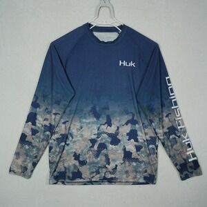 Huk Mens Pursuit Long Sleeve Fishing Shirt Blue Camo Marlin Medium - READ